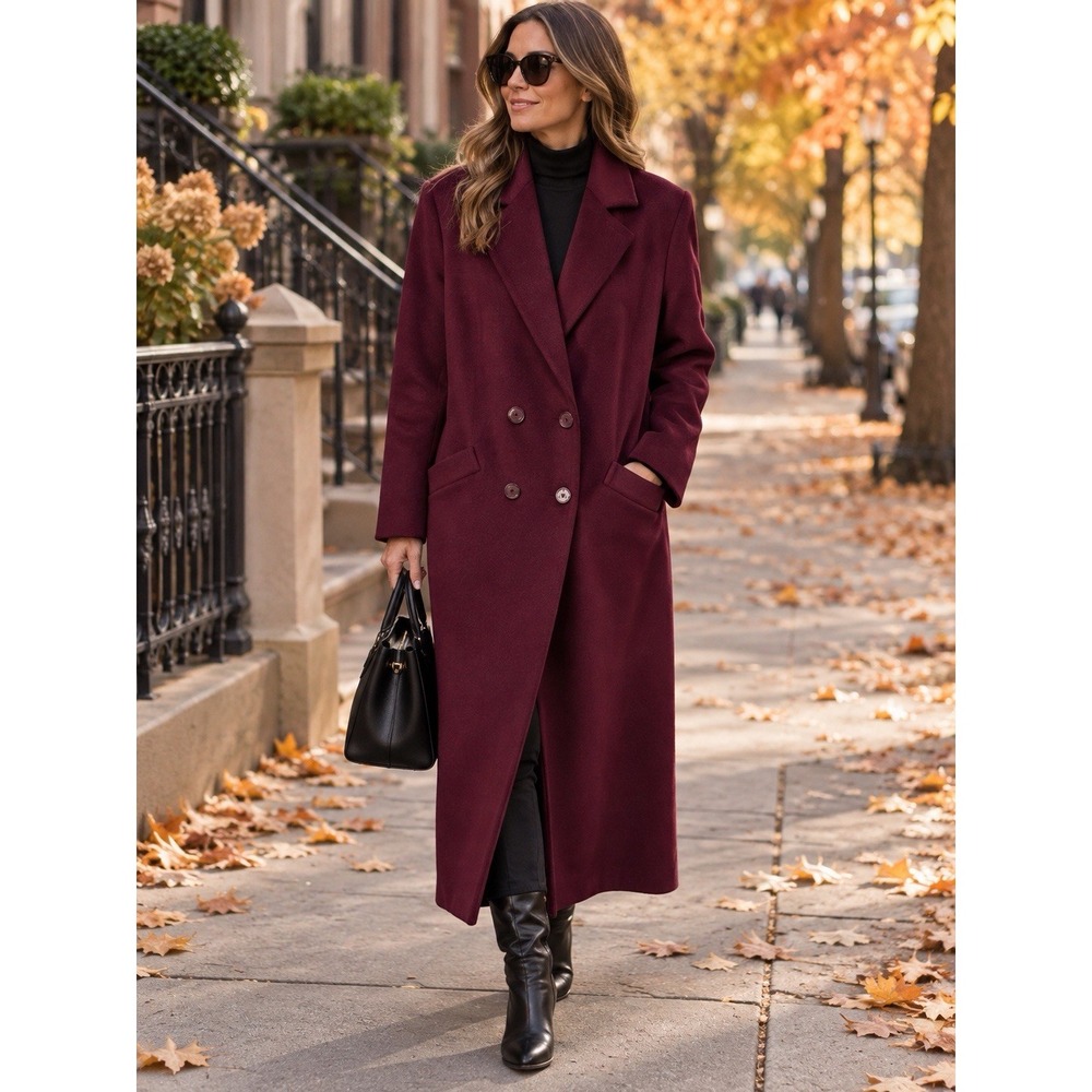 Vtg Kristen Blake Bordeaux 100% Wool Maxi Coat Sz 16 USA Old Money Quiet Luxury